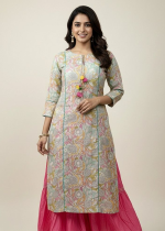 Pastel Garden Kurti With Pink Flared Skirt Set