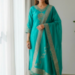 Emerald Teal Silk Palazzo Suit Set (3pcs)