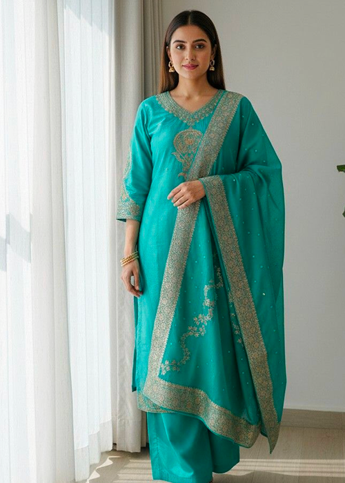 Emerald Teal Silk Palazzo Suit Set (3pcs)