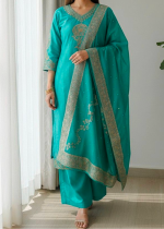 Emerald Teal Silk Palazzo Suit Set (3pcs) - Image 2