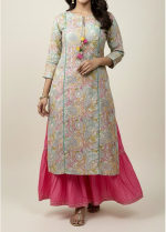 Pastel Garden Kurti With Pink Flared Skirt Set - Image 2